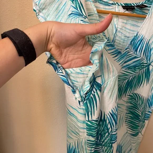 Tahari 100% Linen Palm Leaf Teal Short Dress Womens sz S Casual Tropical Relaxed - Picture 6 of 11